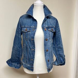 Denim Jacket,EUC, by Madewell, XS, P2P 18”, copper tone buttons, detailed
